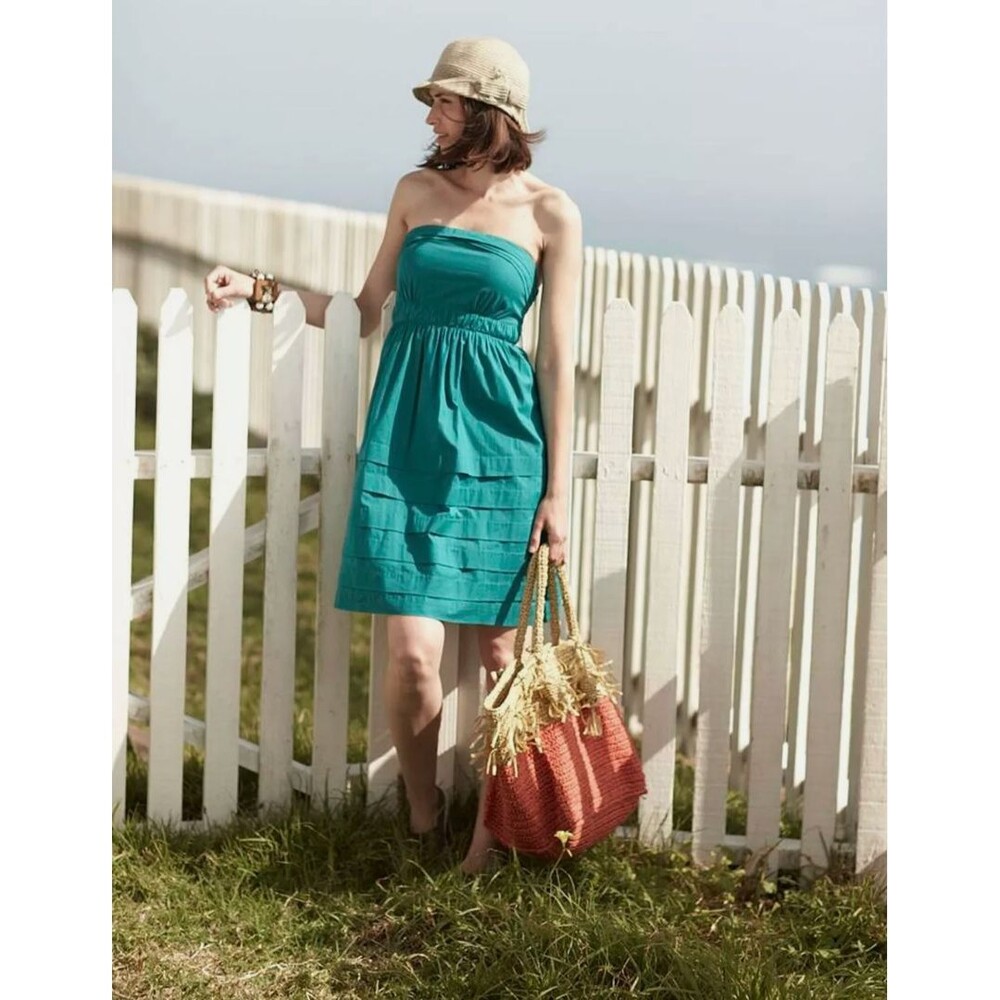 Maeve Anthropologie Height of Summer Strapless Teal Cotton Dress Pockets Sz 8